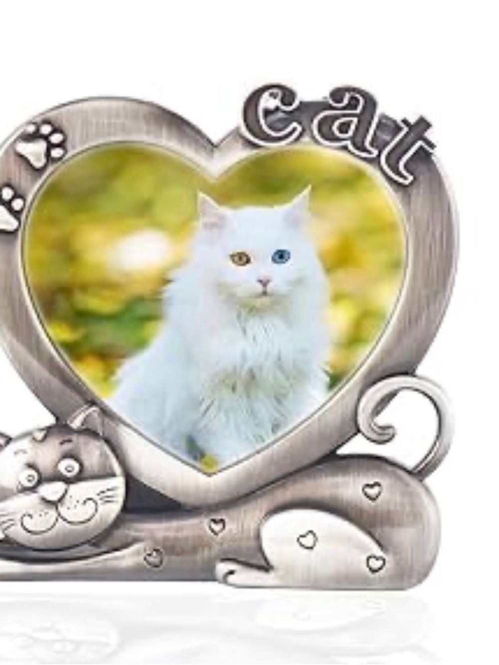 Silver Heart Cat Photo Frame - White Accent
